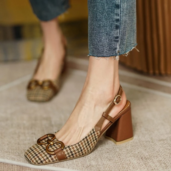2025 Summer Women Shoes Square Toe Chunky Heel Women Sandals BuckleStrap 7cm High Heel Slingback Sandals for Women Plus Siz