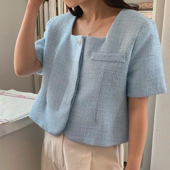 Summer Coat for Women Elegant Suqare Collar Short Sleeve Jacket Korean Slim Short Jackets 2021 Clothing Female Outwear 1886#