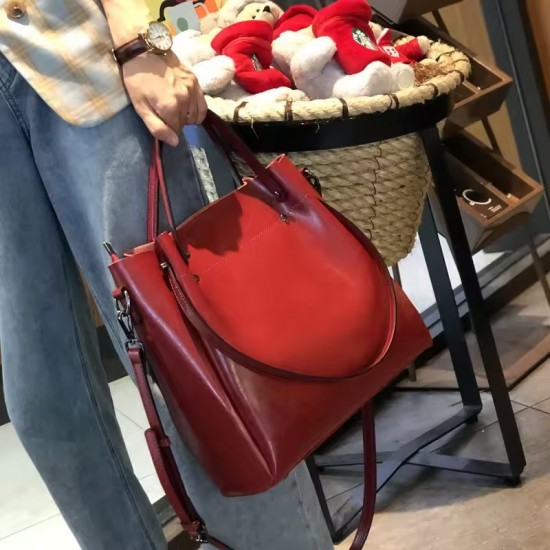Genuine Leather Women's Bag Wax Leather Large Capacity Bucket Bag New Solid Color Fashionable Shoulder Bag Commuter Crossbody