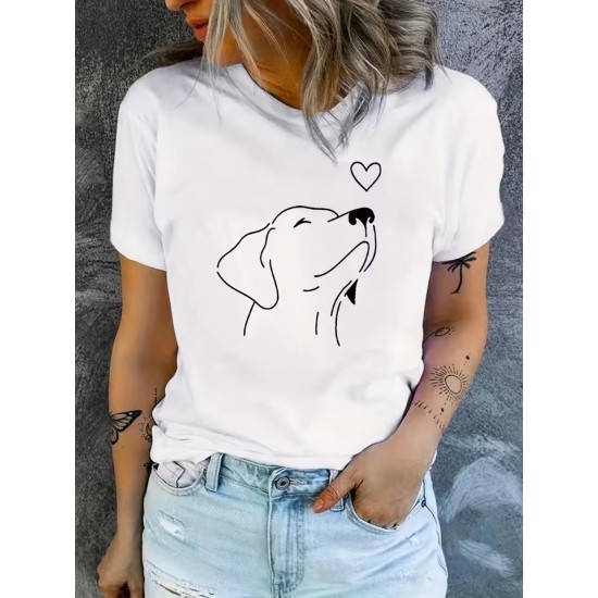 Dog Print Round Neck Sports T-shirt Short Sleeve Running Casual Tops Women's Activewear aesthetic clothes