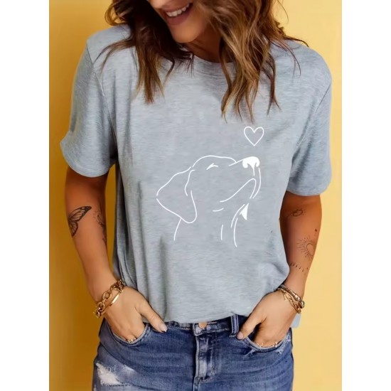 Dog Print Round Neck Sports T-shirt Short Sleeve Running Casual Tops Women's Activewear aesthetic clothes